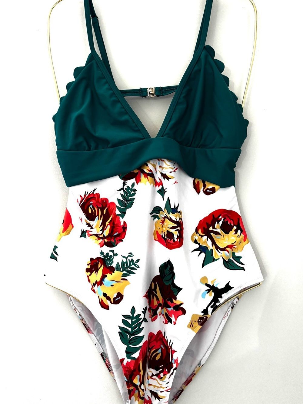 Ekouaer Women’s Floral One Piece Swimsuit Scallop Trim XL Boho Tropical